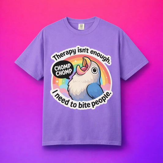 Purple graphic tee displayed on a gradient background, featuring a chaotic cute bird meme.