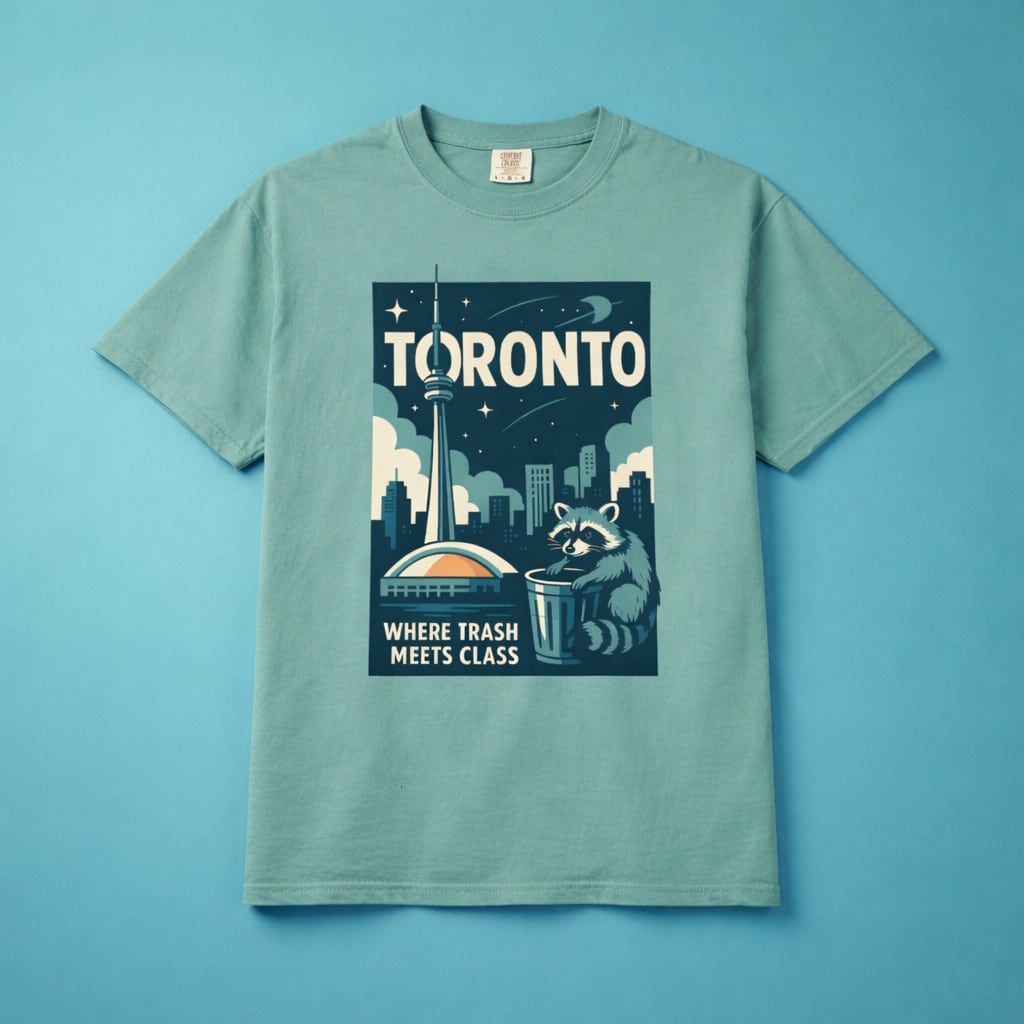 High quality mockup of the Toronto raccoon design on a soft green background.
