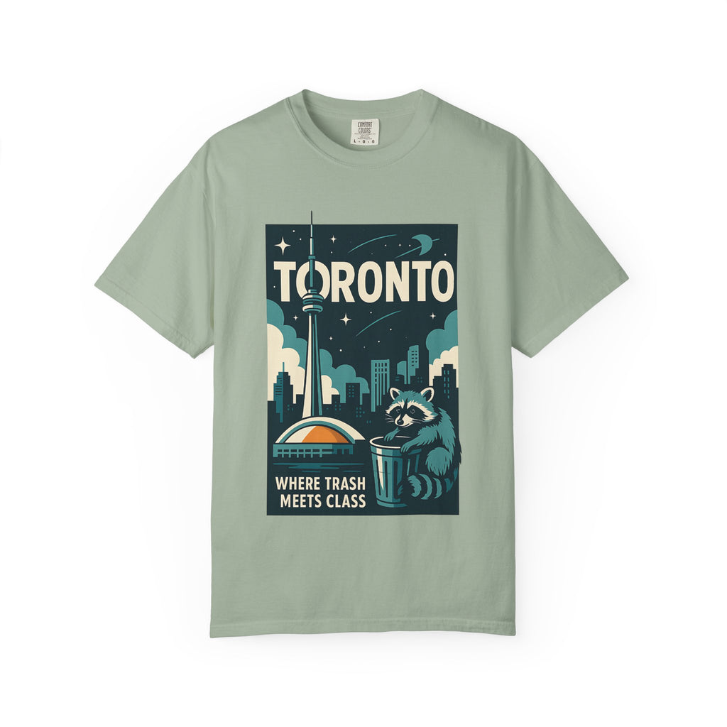 Blue Spruce green t-shirt with a graphic of a raccoon and the text Where Trash Meets Class.