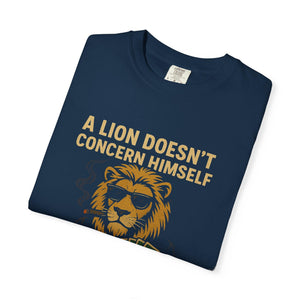 Folded navy blue t-shirt showing Lion meme print, perfect funny gift for coworkers