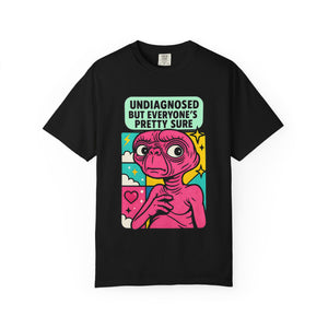 Black unisex t-shirt with funny neurodivergent alien meme graphic.