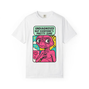 White graphic tee with colorful pink and teal alien design.