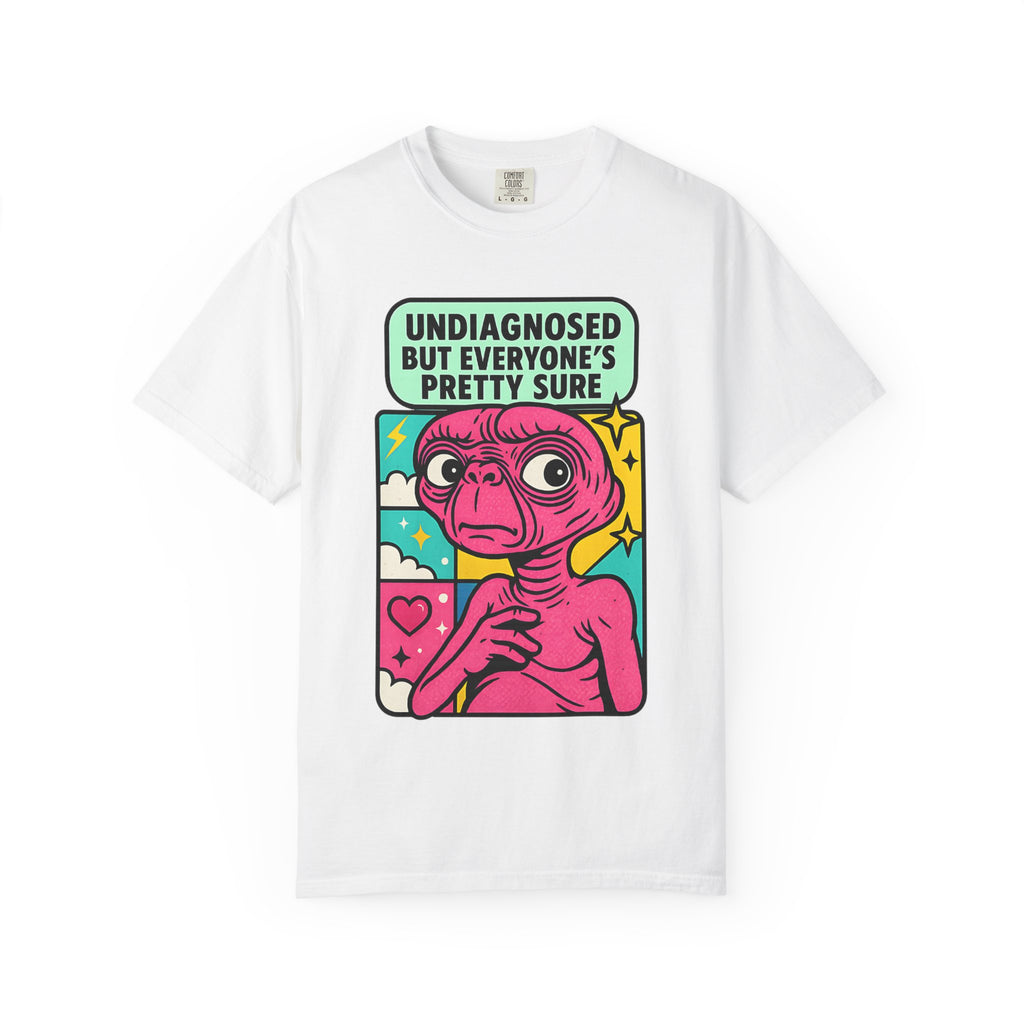 White graphic tee with colorful pink and teal alien design.