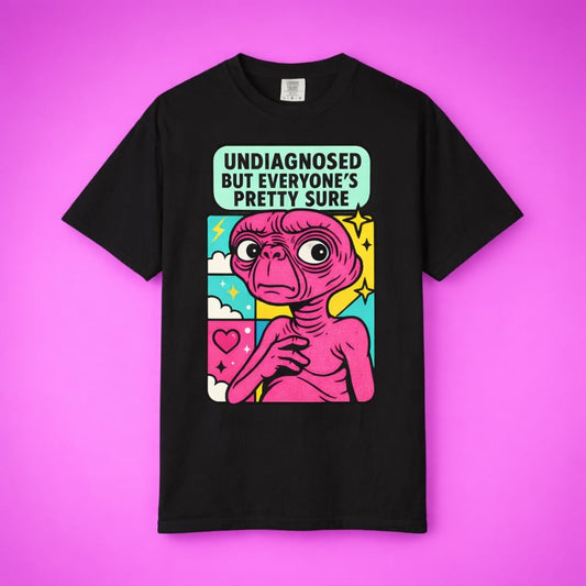 High-quality featured shot of the "Undiagnosed But Everyone's Pretty Sure" shirt in black.