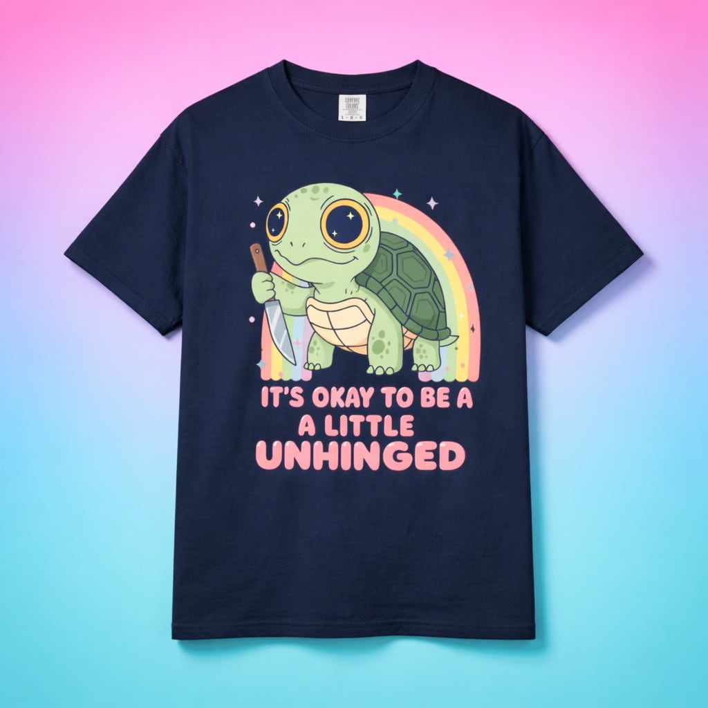 Navy blue graphic tee centered on a pink and blue gradient background.