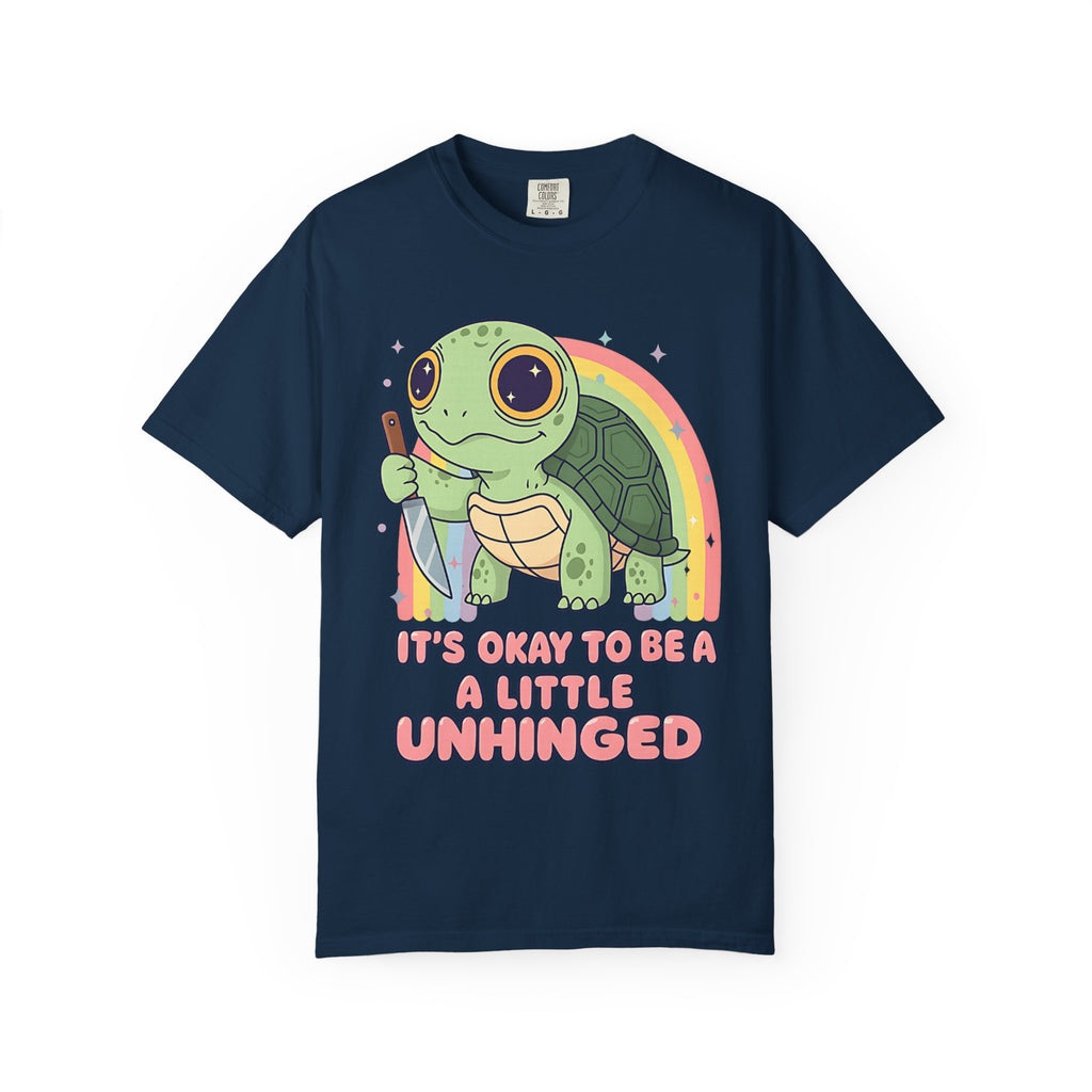 Navy Blue t-shirt showing full front graphic of a turtle with a knife and "Unhinged" text.