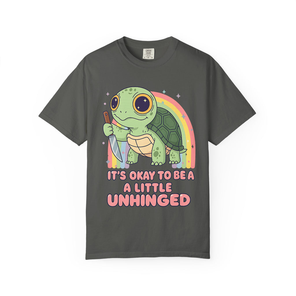 Pepper Dark Grey Comfort Colors t-shirt featuring a chaotic rainbow turtle meme design.