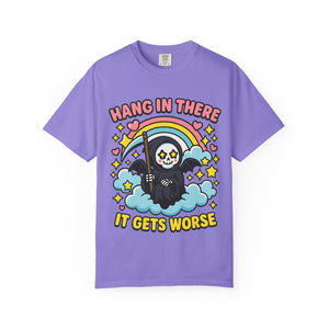 Violet purple graphic tee with colorful rainbow and skull design. Soft washed garment dyed fabric with vintage look.