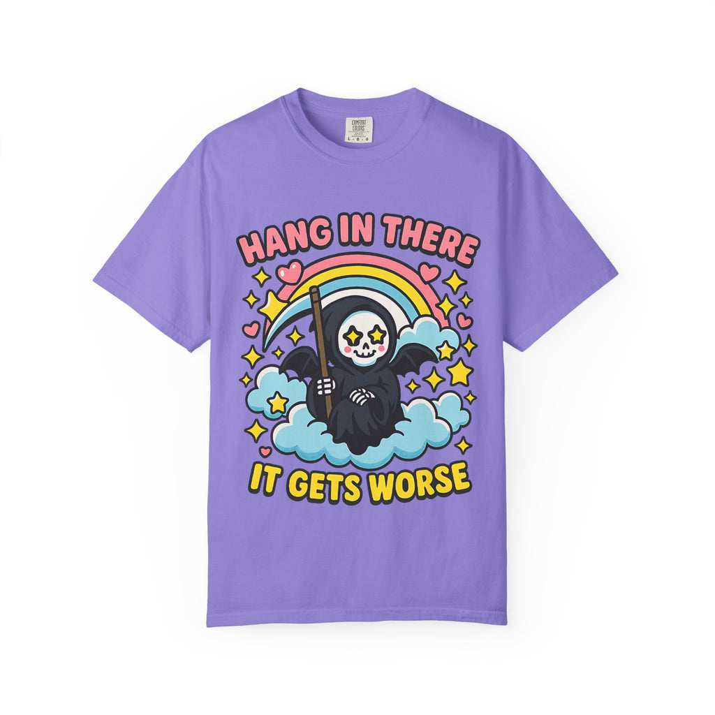 Violet purple graphic tee with colorful rainbow and skull design. Soft washed garment dyed fabric with vintage look.