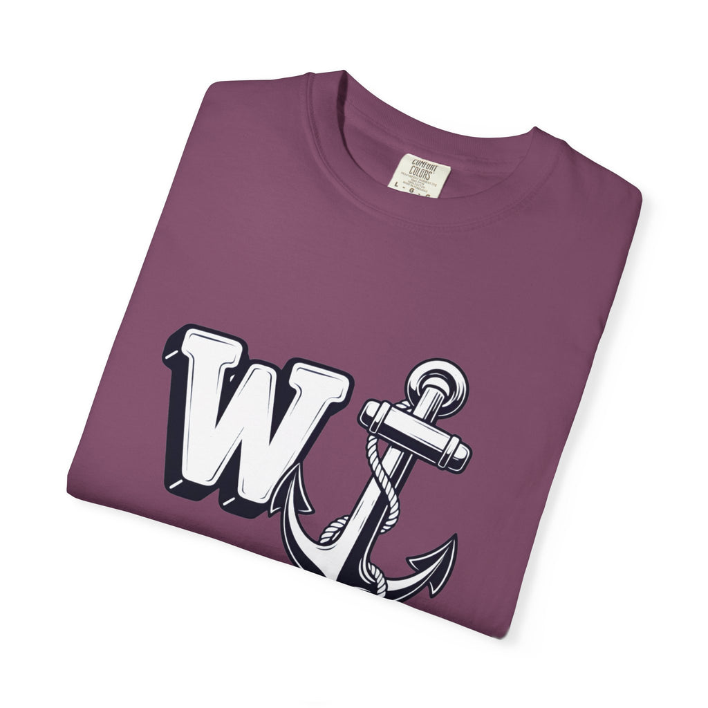 Neatly folded berry-purple t-shirt featuring the W Anchor graphic design on the front.