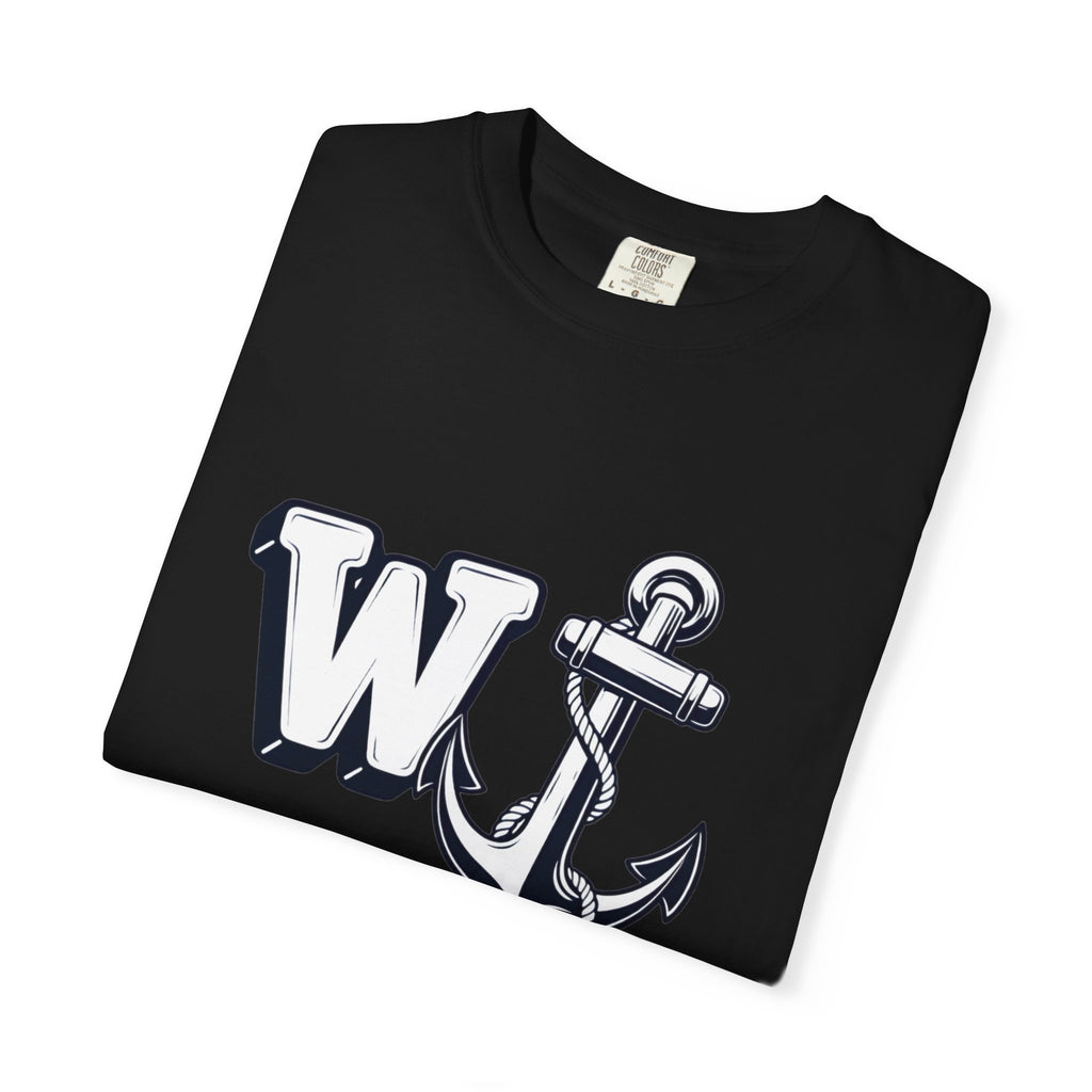 Neatly folded black t-shirt featuring the W Anchor graphic design on the front.