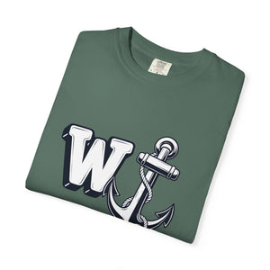 Neatly folded blue-green t-shirt featuring the W Anchor graphic design on the front.
