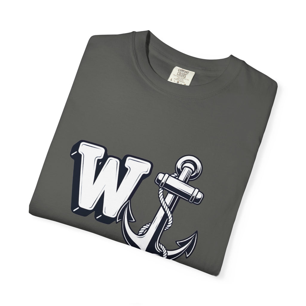 Neatly folded dark charcoal grey Pepper-colored t-shirt featuring the W Anchor graphic design on the front.