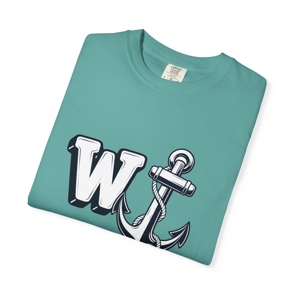 Neatly folded seafoam green t-shirt featuring the W Anchor graphic design on the front.