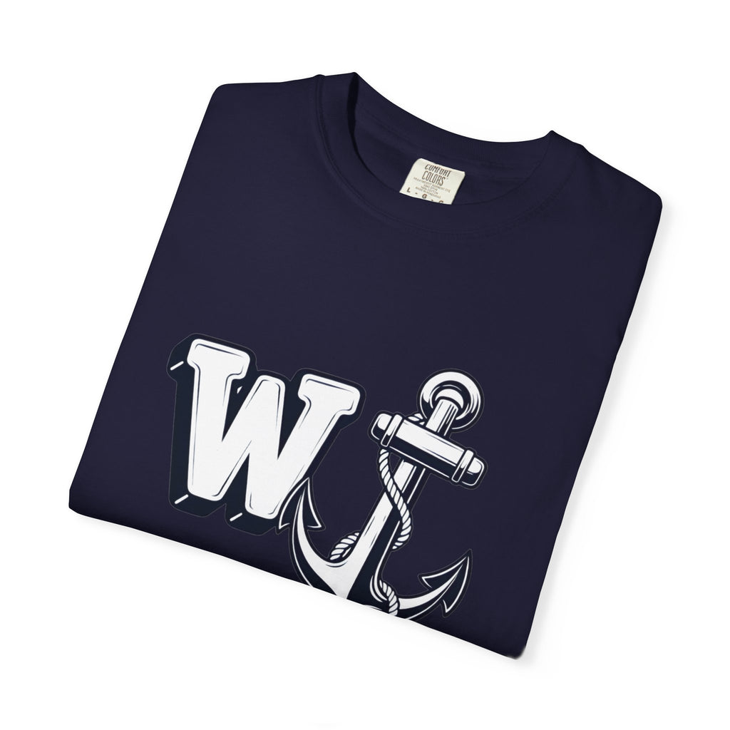 Neatly folded true navy blue t-shirt featuring the W Anchor graphic design on the front.