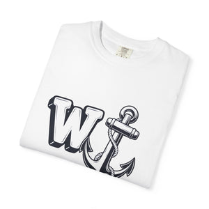 Neatly folded white t-shirt featuring the W Anchor graphic design on the front.