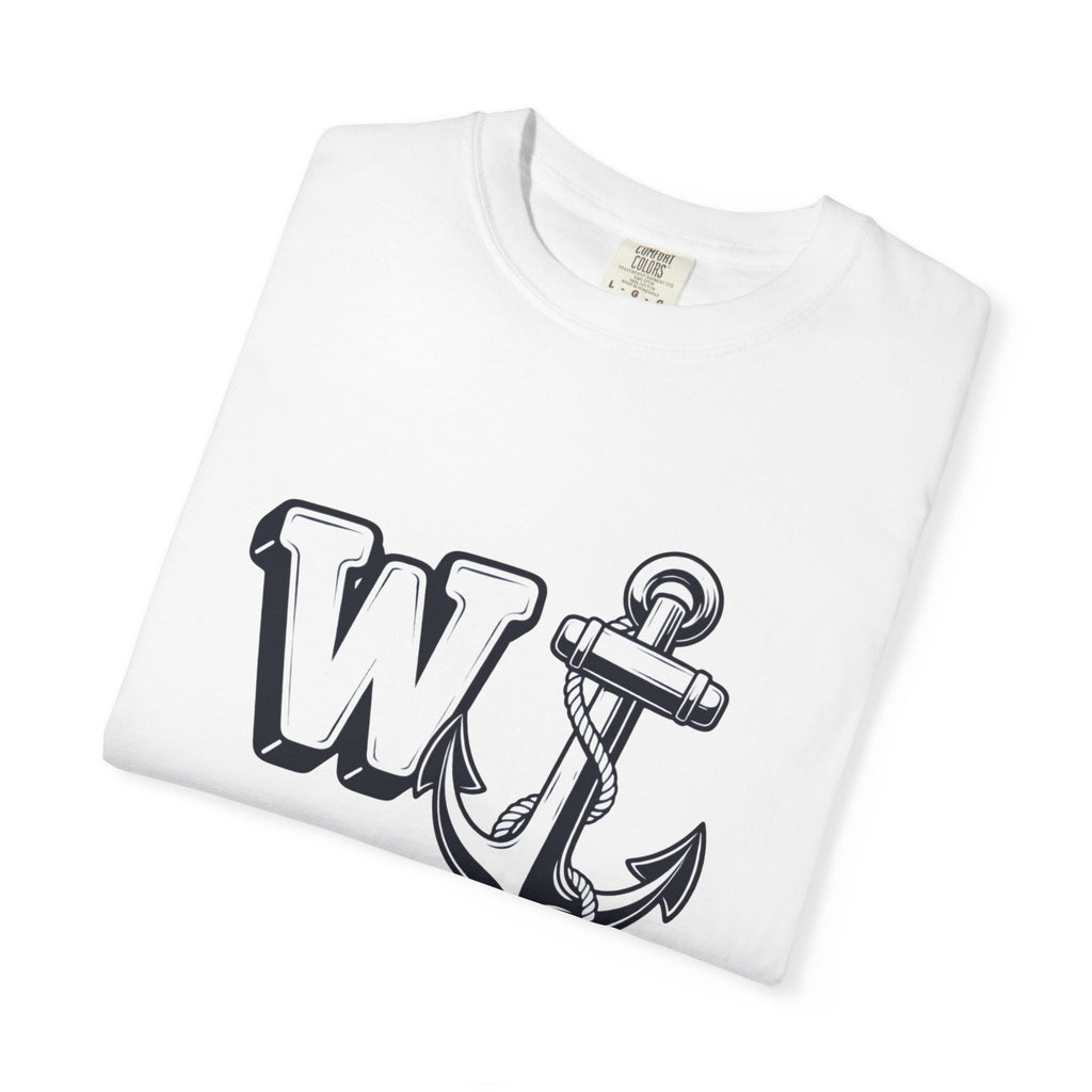 Neatly folded white t-shirt featuring the W Anchor graphic design on the front.