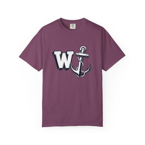 Flat lay front view of a berry-purple t-shirt featuring the W Anchor graphic design.