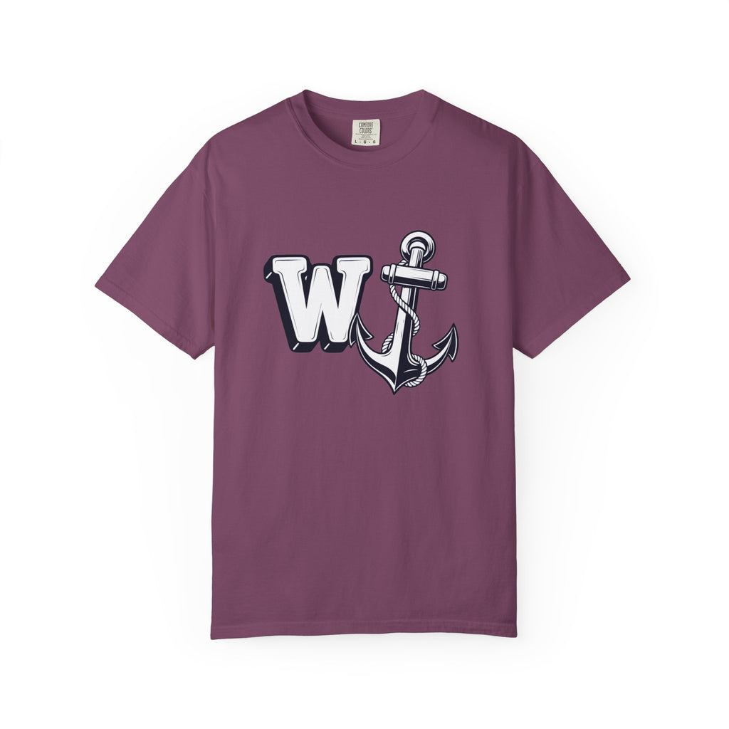Flat lay front view of a berry-purple t-shirt featuring the W Anchor graphic design.