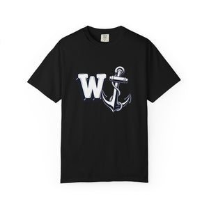 Flat lay front view of a black t-shirt featuring the W Anchor graphic design.