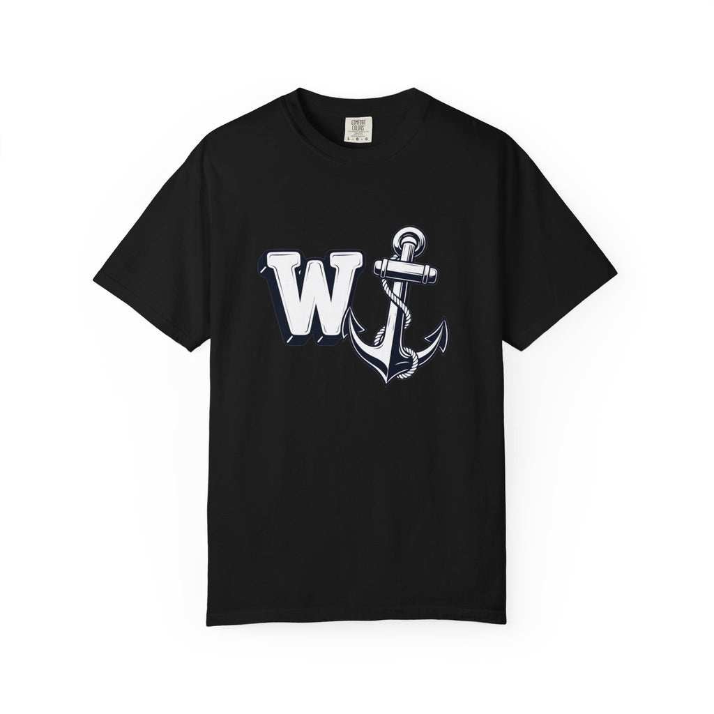 Flat lay front view of a black t-shirt featuring the W Anchor graphic design.