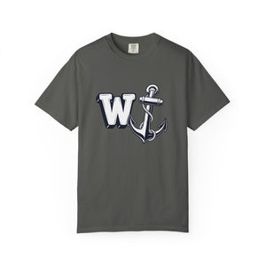 Flat lay front view of a dark charcoal grey Pepper-colored t-shirt featuring the W Anchor graphic design.