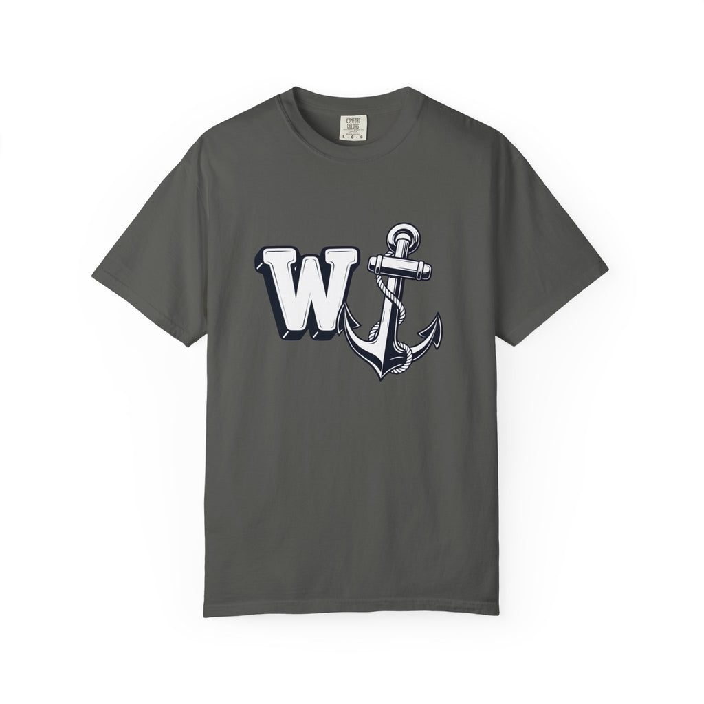 Flat lay front view of a dark charcoal grey Pepper-colored t-shirt featuring the W Anchor graphic design.