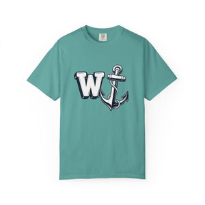 Flat lay front view of a seafoam green t-shirt featuring the W Anchor graphic design.