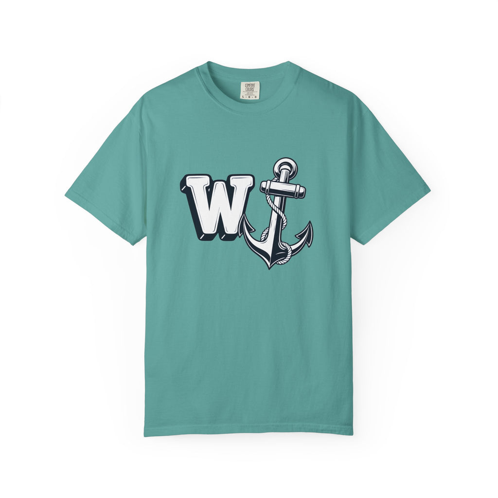 Flat lay front view of a seafoam green t-shirt featuring the W Anchor graphic design.