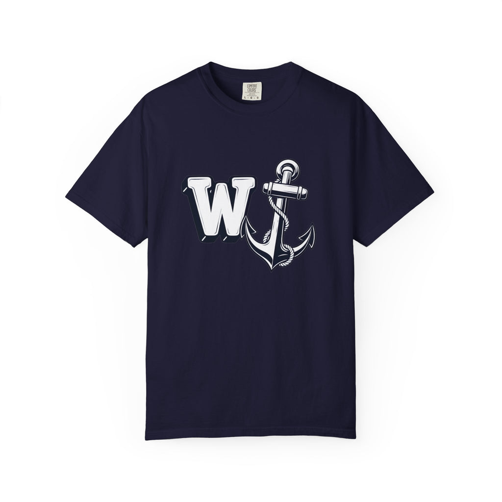 Flat lay front view of a true navy blue t-shirt featuring the W Anchor graphic design.