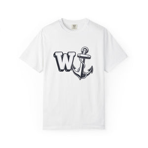 Flat lay front view of a white t-shirt featuring the W Anchor graphic design.