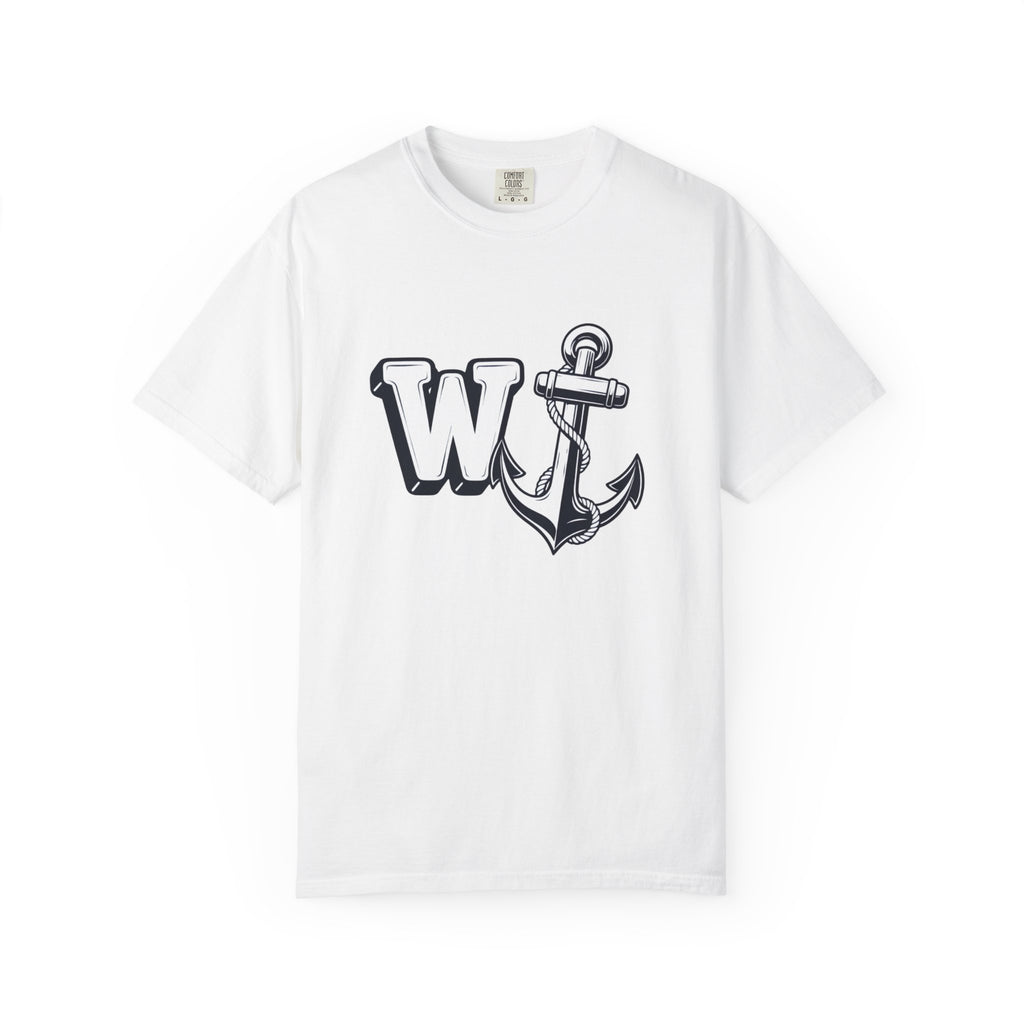 Flat lay front view of a white t-shirt featuring the W Anchor graphic design.