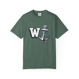 Front of a blue-green t-shirt with the W Anchor graphic on a white background.