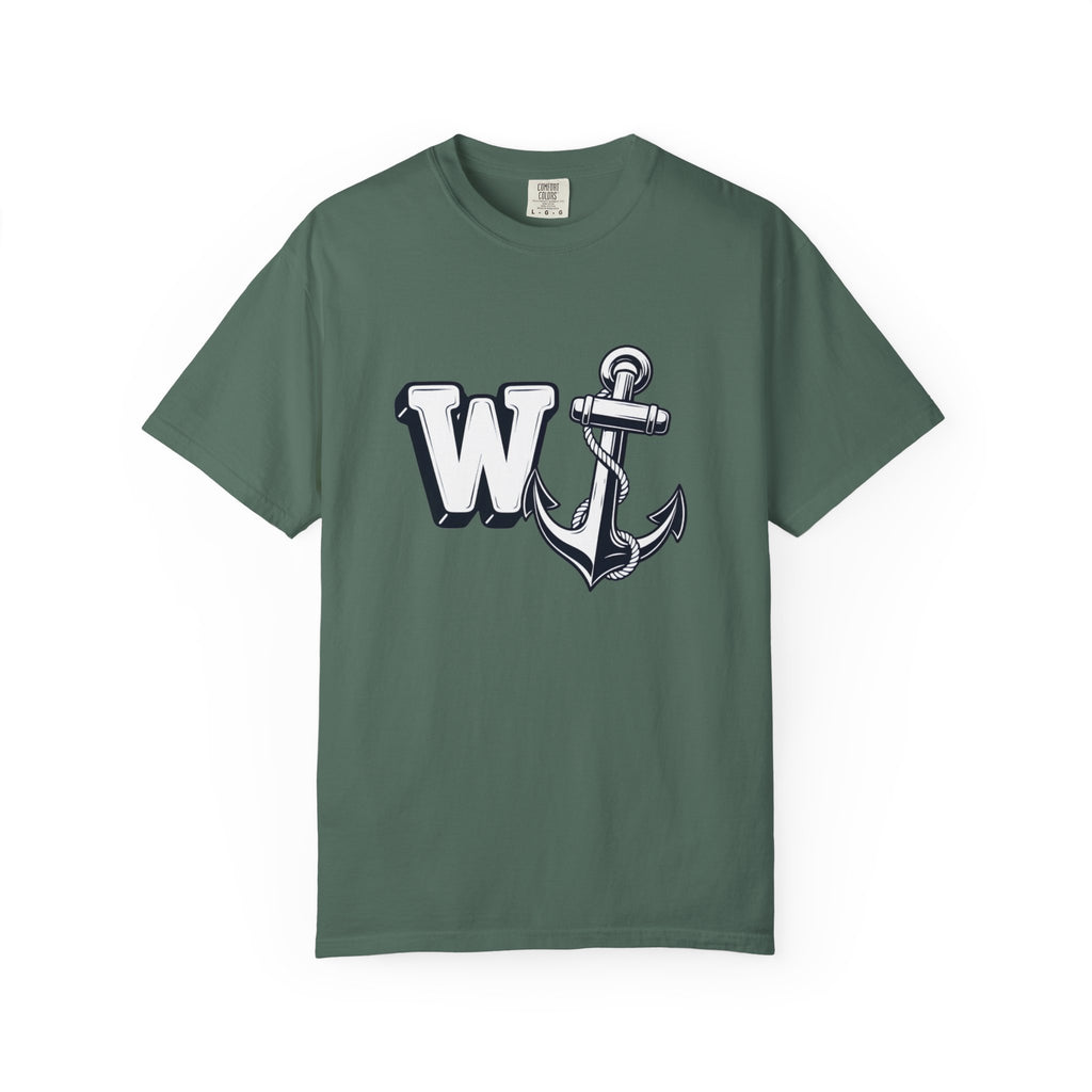 Front of a blue-green t-shirt with the W Anchor graphic on a white background.