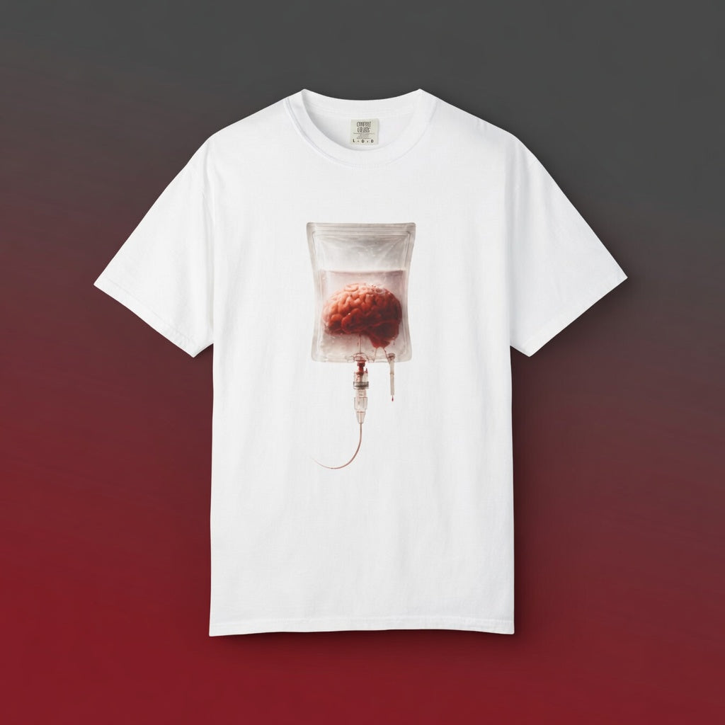 A white t-shirt with a brain IV drip graphic, displayed on a dark grey to red gradient background