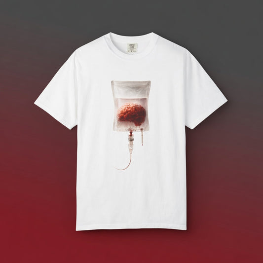 A white t-shirt with a brain IV drip graphic, displayed on a dark grey to red gradient background