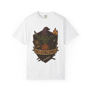 Flat lay of white cotton t-shirt featuring retro fantasy goblin and D20 dice illustration
