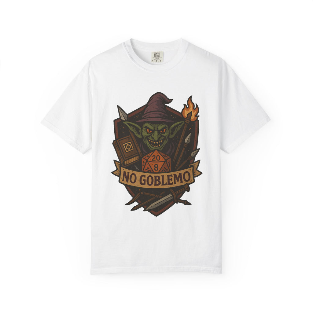 Flat lay of white cotton t-shirt featuring retro fantasy goblin and D20 dice illustration